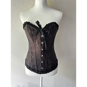 Womens Black Jacquard Floral Corset Top Ruffle Trim Lace Up Back Small